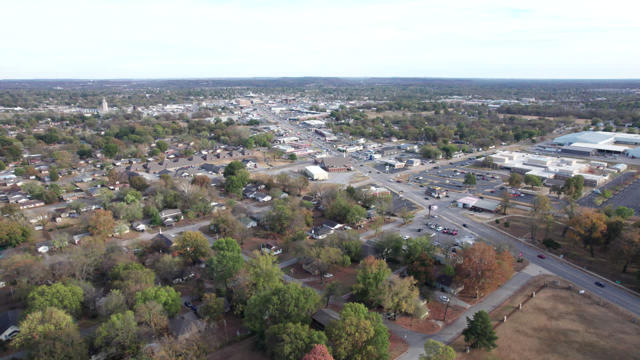 Wide angle drone shot of Claremore, Oklahoma. Small town, USA along Route 66