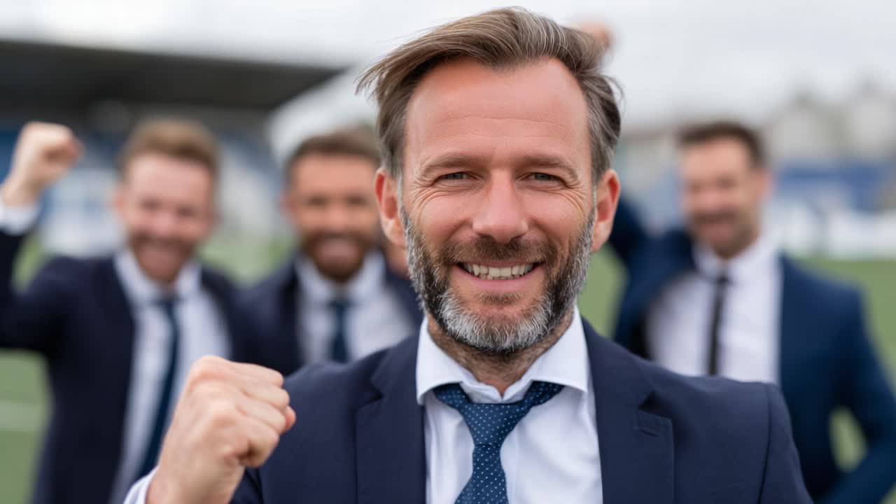 A group of jubilant professionals celebrate success and teamwork on the field, showcasing excitement and camaraderie during a moment of victory in a vibrant environment