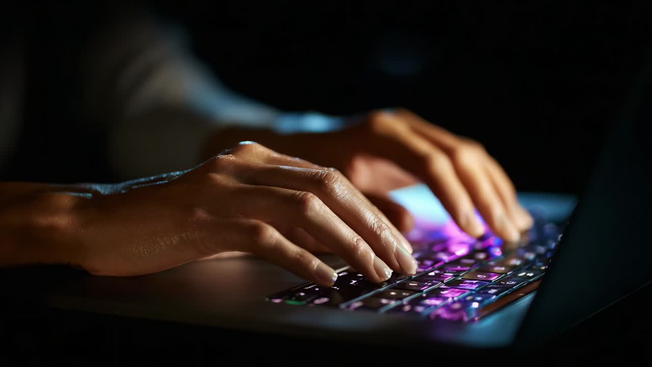 Capturing the Art of Typing: A Close-Up View of Hands Engaged in Focused Keyboard Activity, Illuminated by the Glow of Colorful Laptop Keys in a Dimly Lit Environment