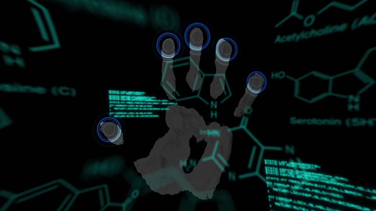 animación del procesamiento de datos sobre la huella de mano biométrica