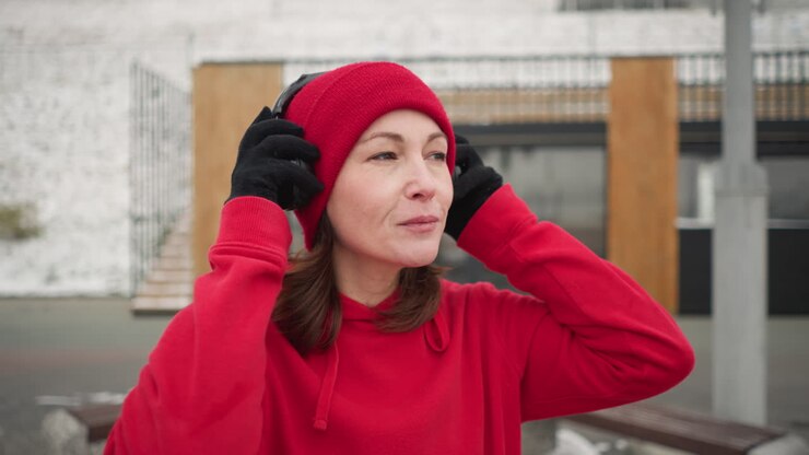 Middle aged woman wearing red beanie and hoodie smiles while putting on headphones outdoors in winter, gazing into the distance, background features modern architecture and snow-covered urban setting