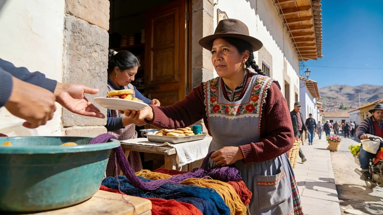 Venditore con cappello marrone e grembiule grigio che accetta un piatto da un cliente al mercato di strada, mentre sistema il filato.