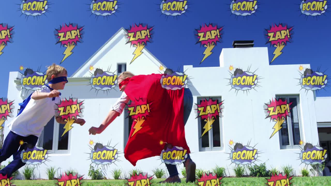 슈퍼히어로 의상을 입은 행복한 백인 어머니와 아들의 만화 아이콘의 애니메이션