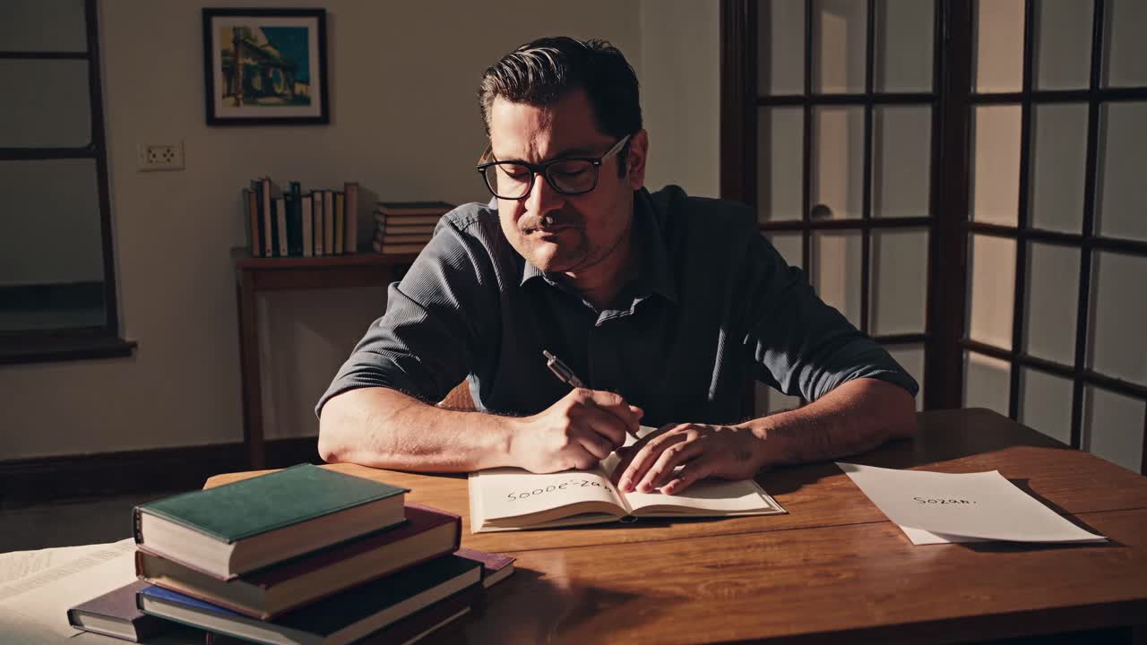 A man writing at a desk in a dimly lit room, captured from a low angle