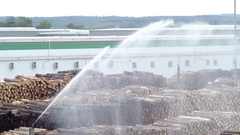 La-Industria-Maderera,-Astillero-De-Transbordo-De-Madera-Con-Chorros-De-Agua-Para-Retener-La-Humedad-De-Los-Troncos