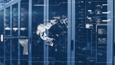 animation of data processing with globe over server room