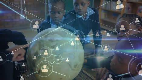 Animation-of-network-of-connections-over-african-american-school-children-with-globe