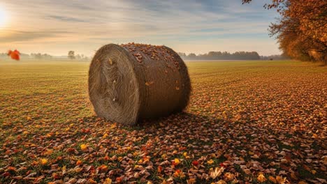 a peaceful autumn landscape featuring a round hay bale surrounded by colorful fallen leaves under a golden sunrise sky