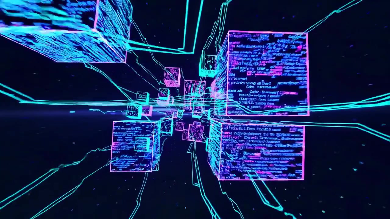 Abstract Digital Data Stream with Floating Glowing Cubes