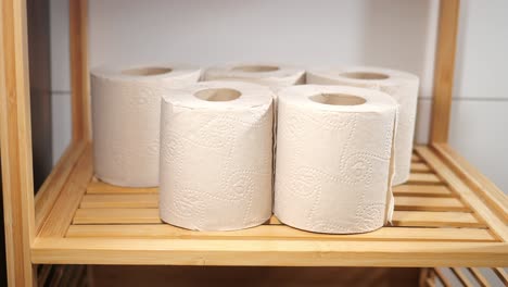 toilet paper rolls on a wooden shelf