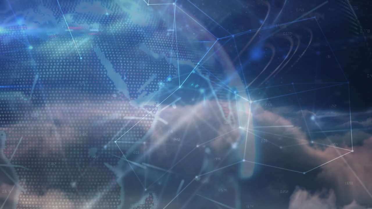 animación de la red de conexiones y el globo sobre el cielo con nubes