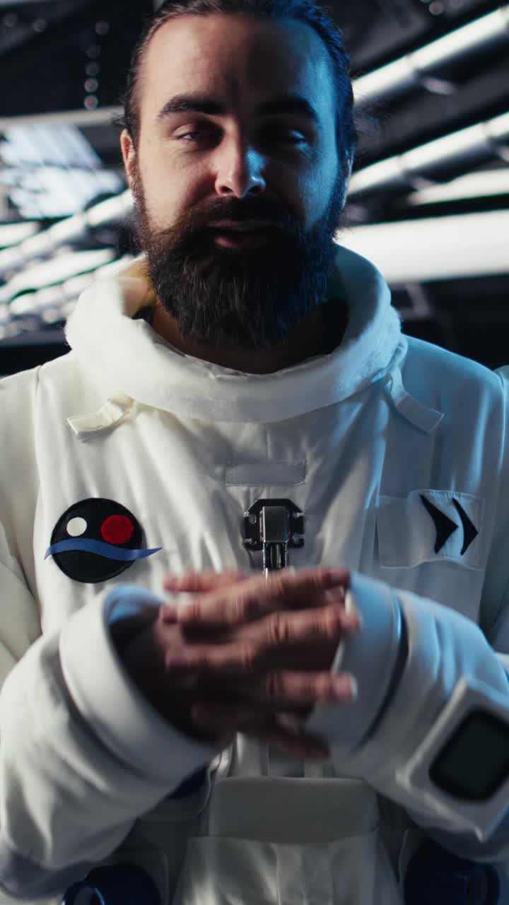Vertikal video: Astronauter i et romfartøy med avansert teknologi som jobber sammen.