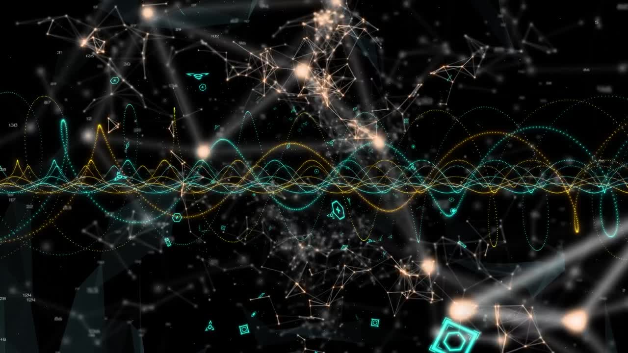 Animation of icons and network of connections over black background