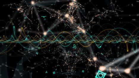 Animation of icons and network of connections over black background