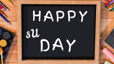 animation of happy substitude day text over blackboard