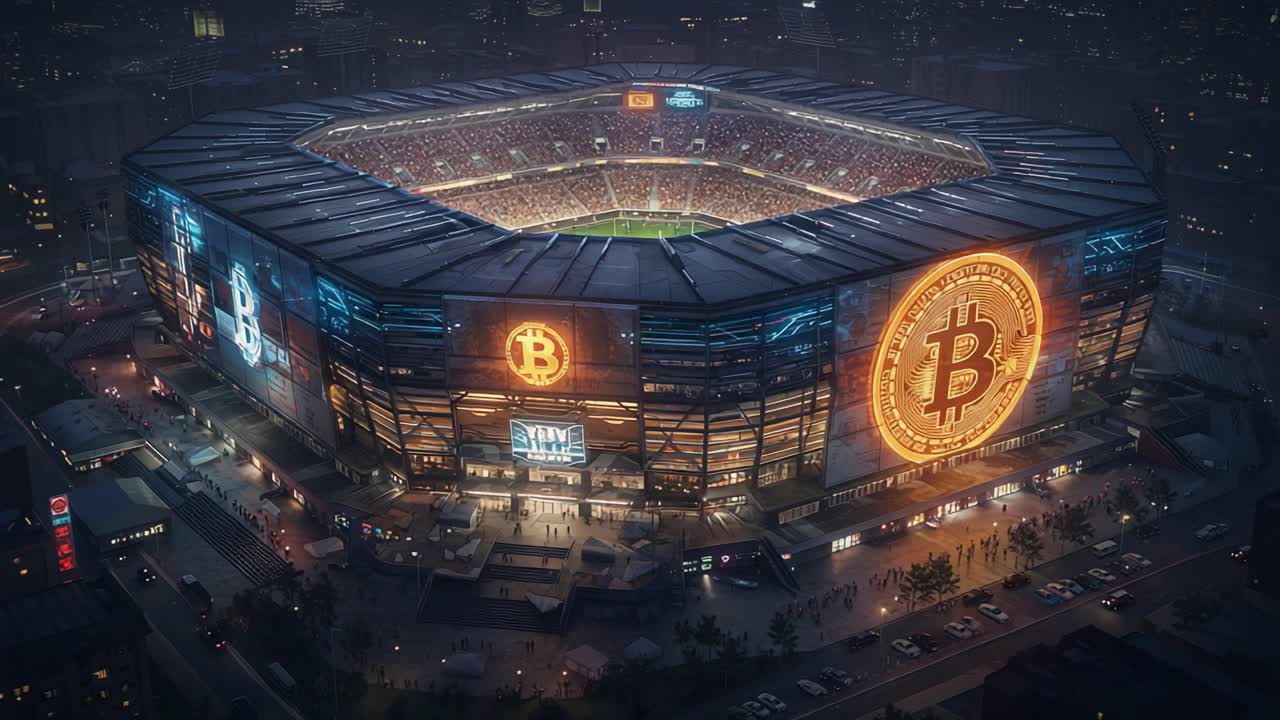 Vista aerea di un'arena sportiva gremita illuminata di notte, con pubblicità Bitcoin dinamica, che mostra un'atmosfera emozionante piena di tifosi entusiasti.
