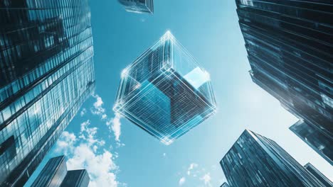 floating cube amidst skyscrapers