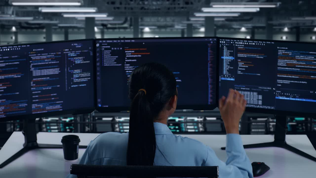 vista trasera de una desarrolladora asiática cansada bostezando antes de dormir mientras escribe código con múltiples pantallas de computadora en el centro de datos