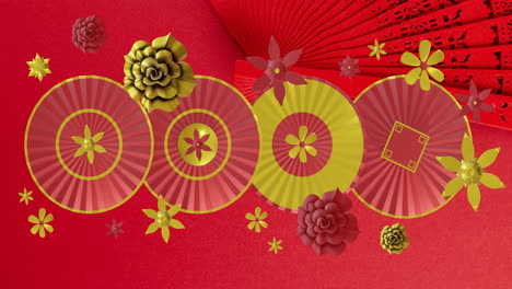 Animation-of-chinese-pattern-with-copy-space-on-red-background