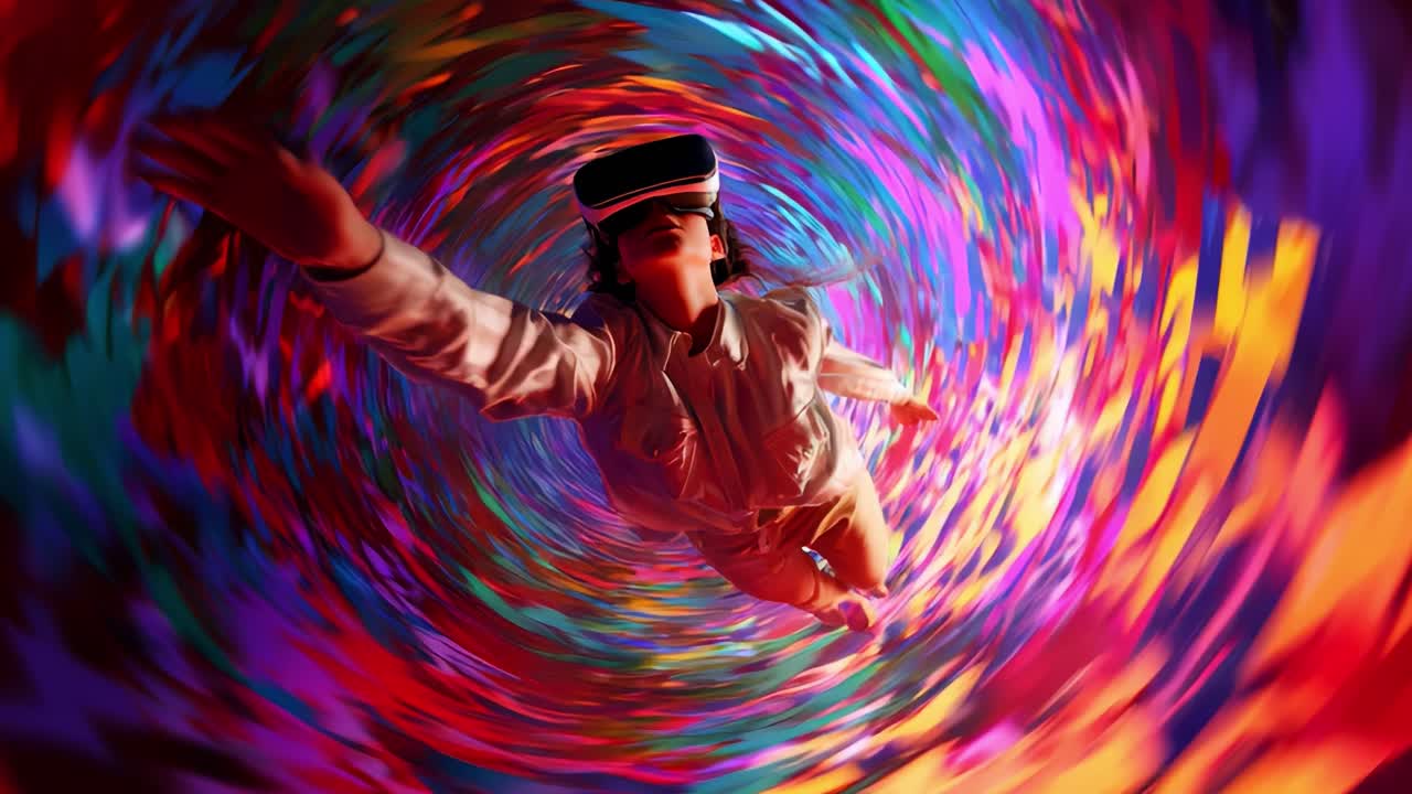 A mesmerizing journey through a vibrant world of colors and patterns, where a person wearing VR goggles experiences an immersive digital landscape filled with swirling hues and dynamic visuals