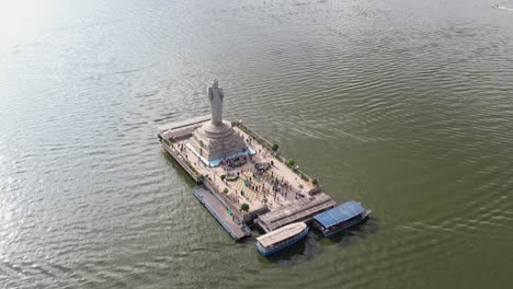 aerial footage of the buddha statue of hyderabad is a monolith located in india