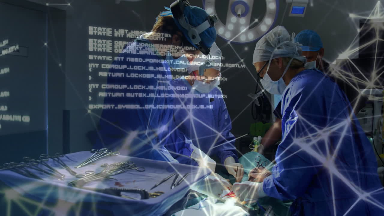 Surgeons performing operation with network connections and data processing animation