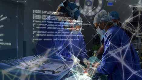 surgeons performing operation with network connections and data processing animation