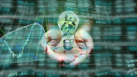 animation of hands holding light bulb with tree growing inside it and with a stock exchange graph