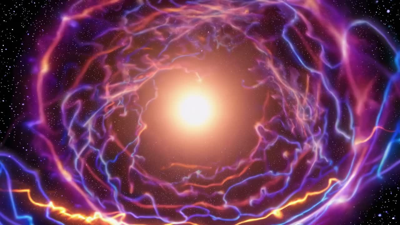 onde di energia luminose si espandono e si contraggono, simulando l'inflazione cosmica sullo sfondo delle stelle, creando una visualizzazione ipnotizzante dell'espansione dell'universo