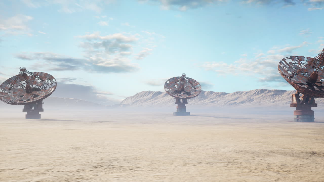 Silent array of old radio antennas in arid landscape at sunrise