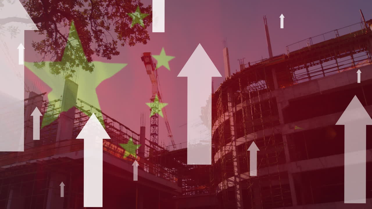 animación de la bandera de china y flechas blancas sobre la ciudad