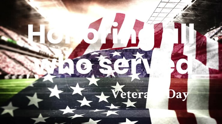 Honoring all who served veterans day text over waving american flag against sports stadium