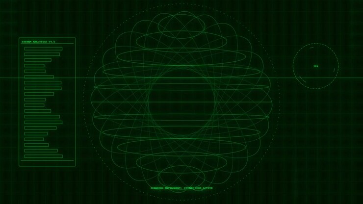 Futuristic Digital Interface With Rotating Wireframe Sphere and Data Analytics