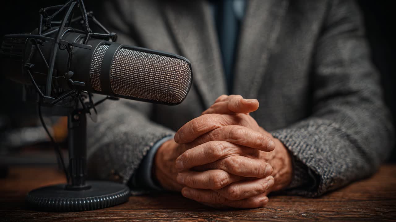 A Thoughtful Presence: A Close-Up of a Mature Person's Hands Resting in Front of a Microphone, Signifying Preparedness for an Engaging Discussion or Podcast