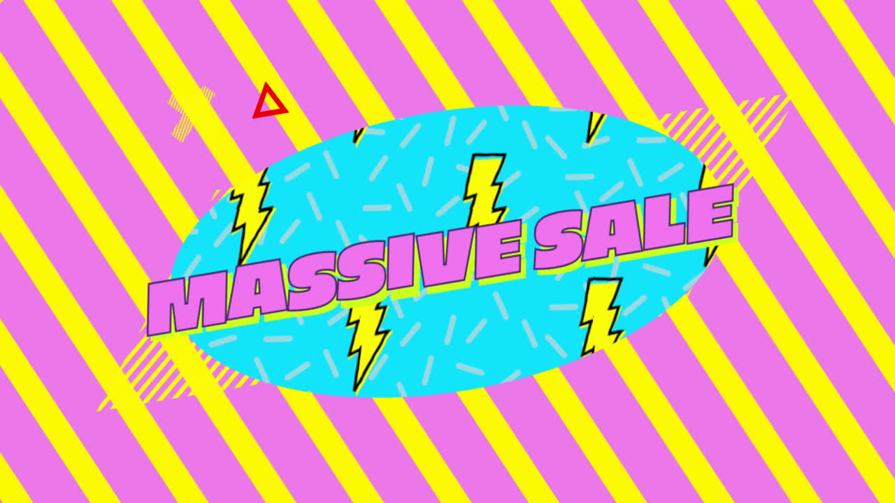 gráfico de venta masivo en óvalo azul con fondo a rayas amarillas y rosadas 4k