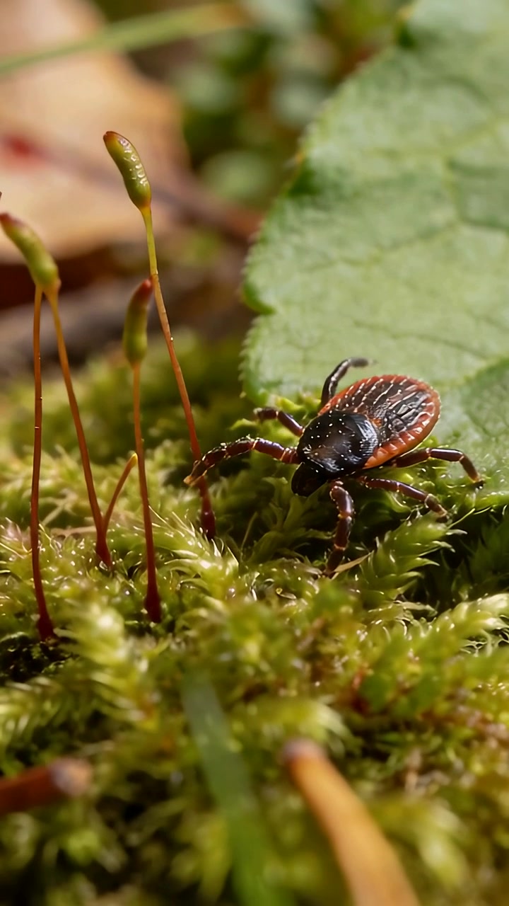 Vertical video: Climbing tick prompted by leaf edge moving onto moss probing moss stalks