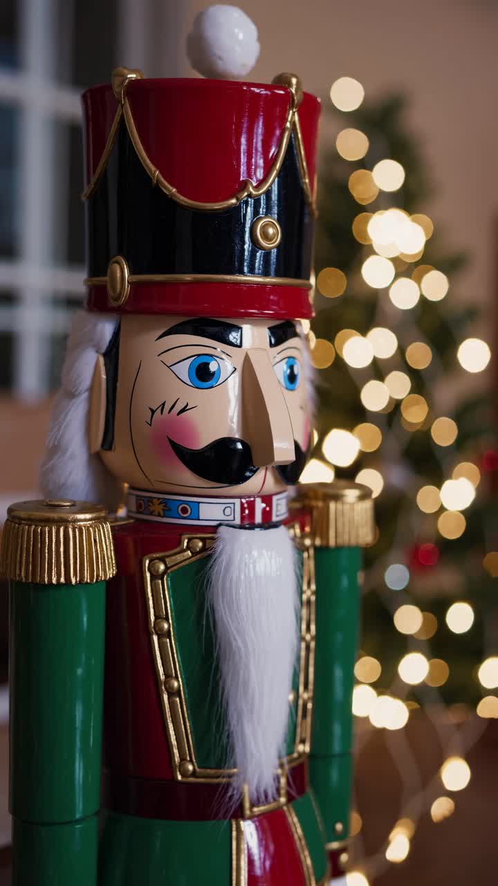 Festive nutcracker soldier in focus, captured at eye level
