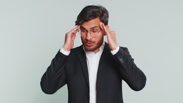 Indian man rubbing temples to cure headache problem suffering from tension and migraine stress pain