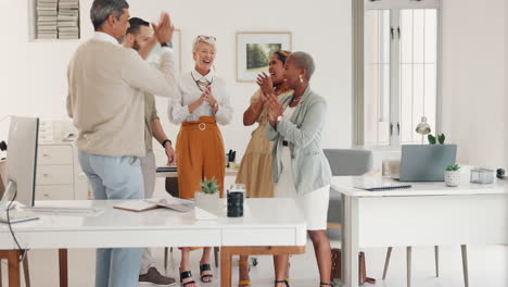 success, high five and winner with business people