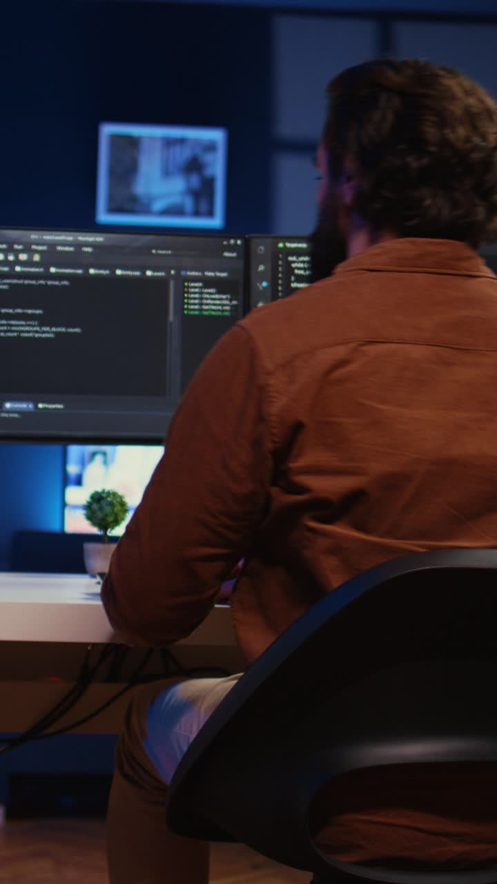Man Drinking Coffee and Coding on Computer at Night
