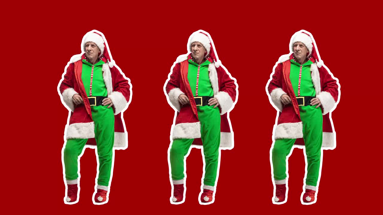 Feliz Navidad, Año Nuevo. Diseño stop motion, animación artística. Hombre bailando como un Papá Noel malo. Baile de moda sobre rojo. Artcollage 4k brillante, divertido, moderno, conceptual, contemporáneo. Concepto de fiesta