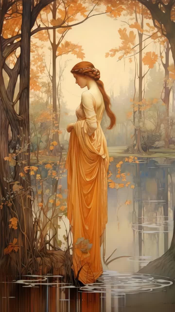 A serene, ethereal scene of a woman in flowing orange attire by a tranquil lake