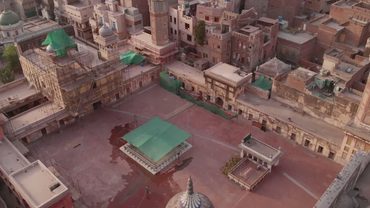 Drone-taken aerial video of the courtyard of the iconic Masjid Wazir Khan mosque in Lahore, Pakistan