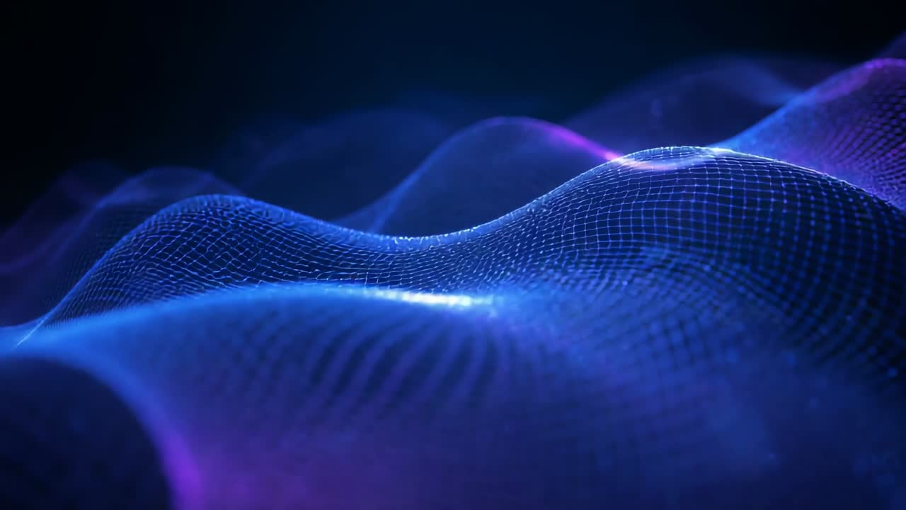Playback starting wireframe mesh undulating in dark void, pulsing glowing nodes and violet light