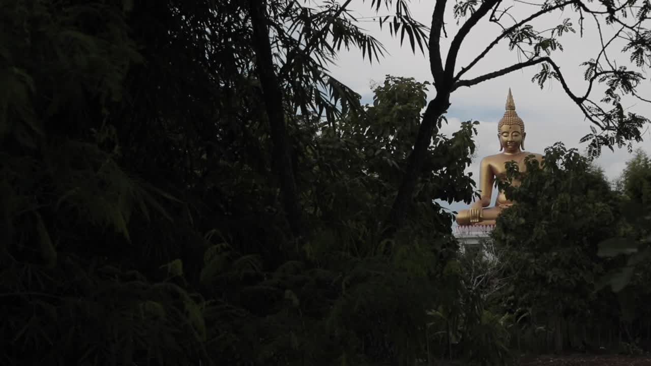 Golden Buddha Statue through the forrest at a distance