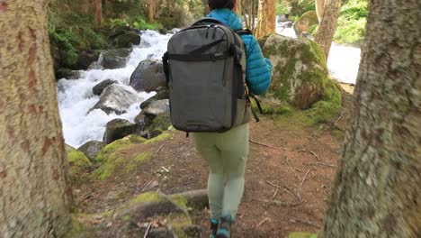 hiking woman walk with a hiking backpack in spring green forest