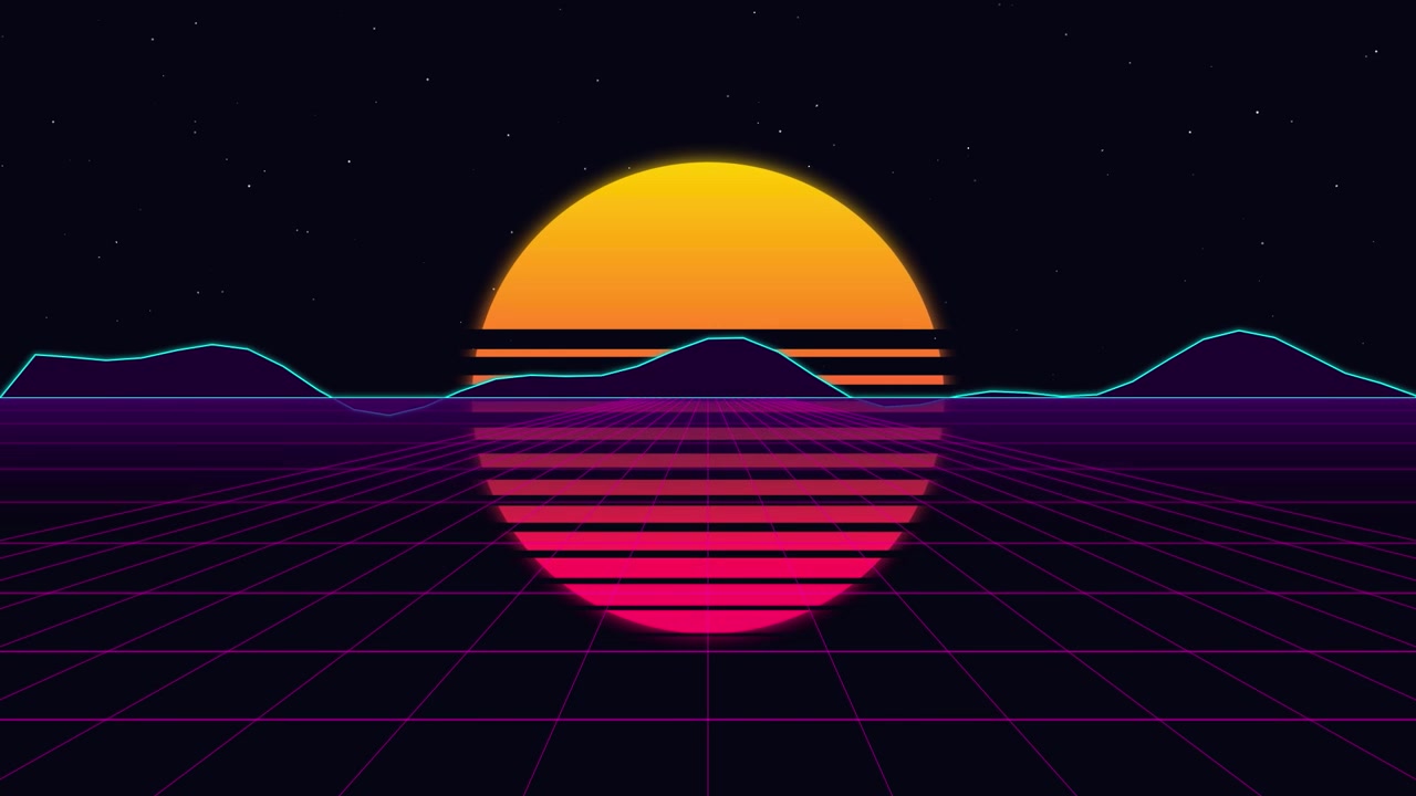 Retro Synthwave Style Landscape with Glowing Sun and Grid