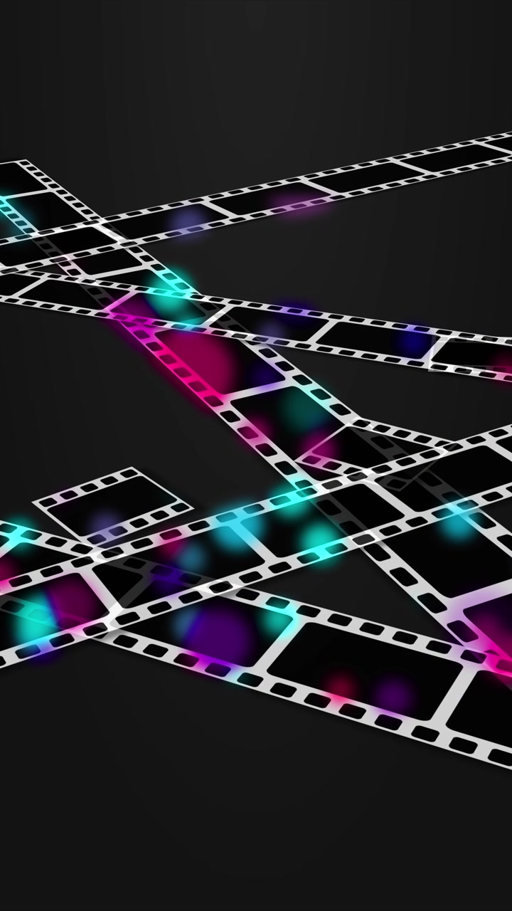 Colorful film strip cinema background with crossing white frames black panels and glowing pink