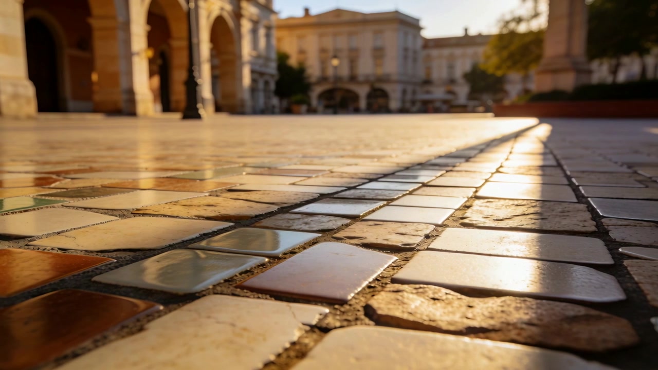Telecamera in movimento a bassa angolazione che rivela piastrelle a mosaico in una piazza per mostrare luce calda e portici.