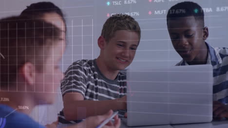 animation of financial data processing diverse students using computer in classroom